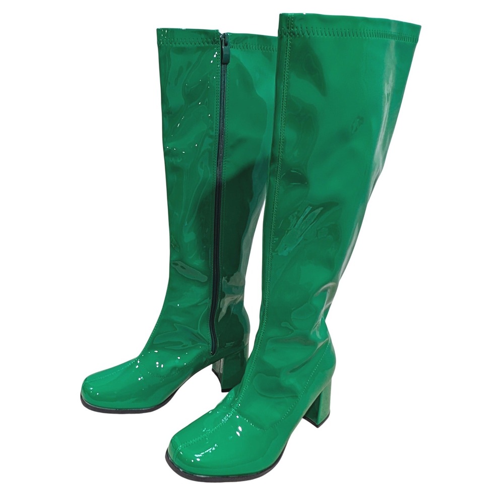 Green Patent Faux Leather Knee High Go-Go Boots Block Heel Round Toe Size 42